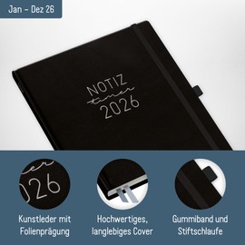 Häfft® Weekly Note Calendar 2026 A4 "Black" Book Calendar, Planner Note Timer, Appointment Planner, Weekly Calendar, Organiser, Appointment Calendar with Pocket - Sustainable and Climate Friendly