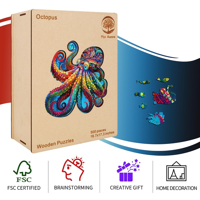 Mys Aurora Unique Wooden Jigsaw Puzzles - Agate Octopus, 300