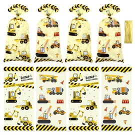 Construction Cellophane Bags, 100 Pieces Construction Digger Excavator Bulldozer Truck Theme Plastic Goodie Favor Bags, Cellophane Treat Bags with Golden Twist Ties for Kids Boys Party Supplies