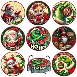 8 Pcs Christmas Diamond Art Coasters Kits with Holder, Diamond Painting Coasters Kits for Adults, DIY 5D Diamond Dots Small Mini Kit Round Full Drill Art Craft Supplies 4X4 Inch