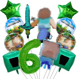 Decorazione di compleanno per ragazzi e giocatori, 6 anni di compleanno, palloncini decorativi, 12 pezzi contiene carattere, pellicola rotonda, pentagramma, numeri, quadrati, spada, adatto per ragazzi
