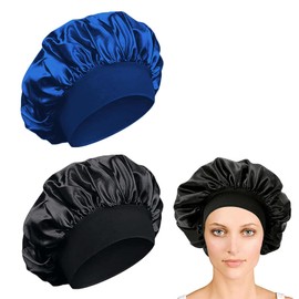 iLamvie 2 Pcs Silk Bonnet,Satin Bonnet,Hair Bonnet For Sleeping,Bonnet,Soft And Comfortable Silk Sleep Cap(Black+blue)