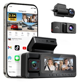 REDTIGER A3 Camara para Carro 3 Canales WiFi, 2.5K+1080P+1080P Delantera/Trasera/Interior, Pantalla 3.18'', Visión Nocturna IR, Grabación en Bucle, Estacionamiento 24H, Soporta 256GB