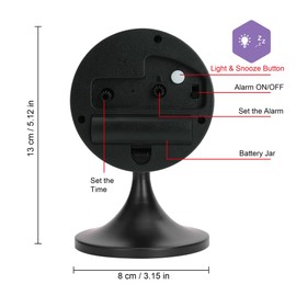Lafocuse Metal Alarm Clock Black Classic Alarm Clock Silent No Ticking with Night Light and Snooze Function, Small Table Clock Analogue for Bedside Table Bedroom Office 12.5 cm