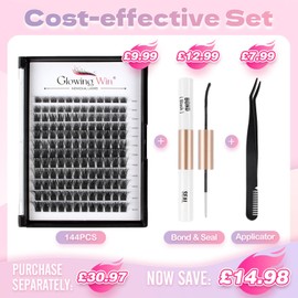 Glowing Win Individual Eyelash Extensions Set, DIY Cluster Lashes Kit with Lash Bond and Seal and Tweezers, Individual Fake Lashes Extension, 144 Pieces, Eyelash Extensions, 8-16 mm, Natural
