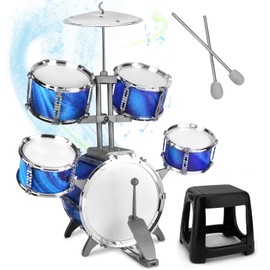 Kids Drum Set for Toddlers 1-3 Musical Jazz Drum with Stool Toys for 2-5 4-6 5-7 Boys Girls Birthday, Blue