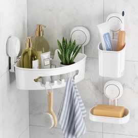 LEVERLOC Corner Shower Caddy Suction Cup Set Shower Shelf Basket & Toothbrush Holder & Soap Dish NO-Drilling Removable Powerful Waterproof Shower Organizer-3 Pack, White