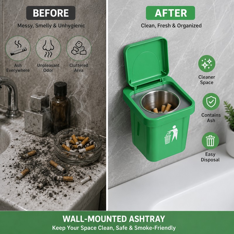 Wall-Mounted Stainless Steel Ashtray for Indoor Use – Lidded Cigarette