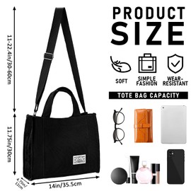 Taeku Corduroy Bag, Women's Large Handbag, Casual Shoulder Bag with Zip, Fashion Shoulder Bag, Shopper Handbag, black