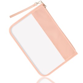 izuzta Clear PVC Flat Pouch, PU Travel Makeup Bag Clear Zipper Pouch with Wristlet, DIY Chenille Letter Bag Waterproof Portable Clear Travel Toiletry Bag Cosmetic Pouch for Women Girls (Pink)