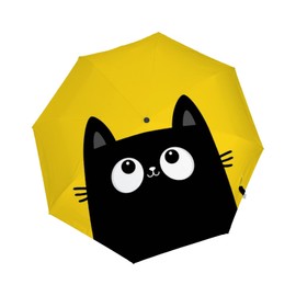 Windproof Travel Umbrella - vinyl sunscreen collapsible umbrella, portable mini boys and girls umbrella, automatic switch umbrella for men and women,Cat with Yellow Background