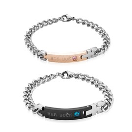 seensea Couples Matching Set 2 Pieces Link Bracelet Titanium Stainless Steel Chain Wrist Cuff for Valentine's Day Gift Jewelry (HIS DOE & HER BUCK)