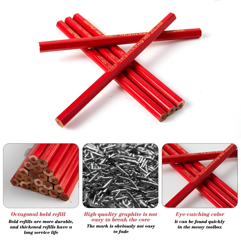 20 Carpentry Pencils, Red Flat Carpenter's Pencils, Heavy Construction Pencils,
