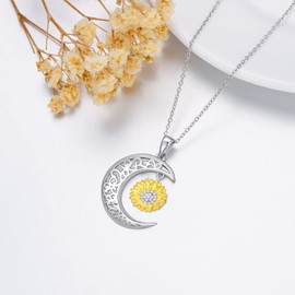 VONALA Sunflower Moon Necklace, Crescent Moon Pendant Necklace 925 Sterling Silver Sunflower Jewelry Gifts for Women Girls