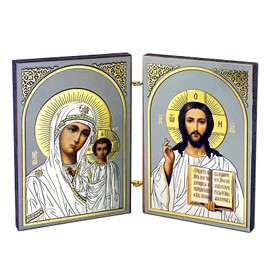 Needzo Christ the Teacher and Virgin Mary of Kazan Icon Diptych Orthodox Catholic Christian Icons 5 1/4 Inch, Silver Gold Foil