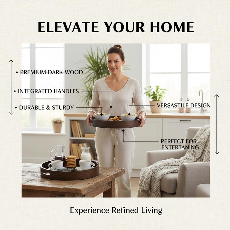 Round Trays Home Decor, 11.8" Large Round Wood Tray for