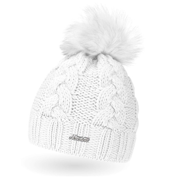 Neverless Women's Knitted Beanie, Fur, Pom Pom, for Winter -