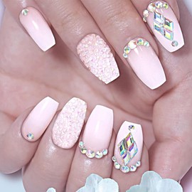 Leuhiove Coffin Press on Nails medium Pink Fake Nails with Colorful Rhinestones Glitter Powder Designs Square False Nails Acrylic Glue on Nails Bling Artificial NailS for Women and Girls 24 Pcs