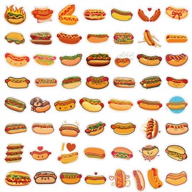 55pcs Hot Dog Stickers for Kids, Cute Food Stickers for Water Bottle, Vinyl Hot Dog Decals for Laptop Scrapbook Journal Skateboard Party Favors