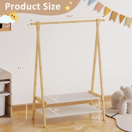 Aetherika Kids Clothing Rack with 2 Fabric Shelves, Foldable Child Garment Stand with Hanging Rod, Small Dress Up Organizer, Bamboo (Natural)