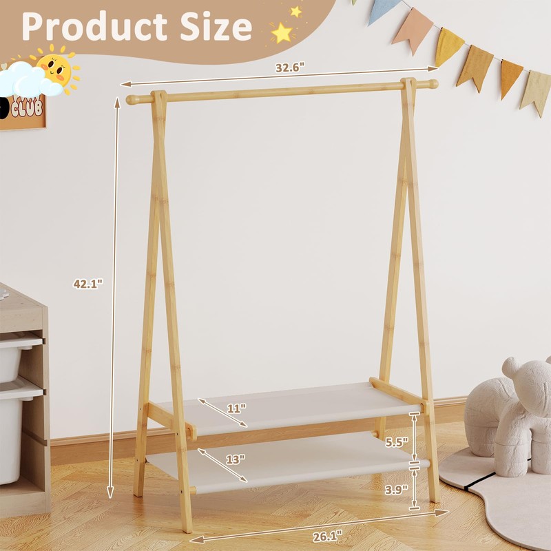 Aetherika Kids Clothing Rack with 2 Fabric Shelves, Foldable Child