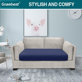Granbest High Stretch Sofa Seat Cushion Cover Super Soft Couch Seat Cover Sofa Cushion Protector Jacquard Spandex Fabric with Elastic Bottom(2 Seater, Navy Blue)