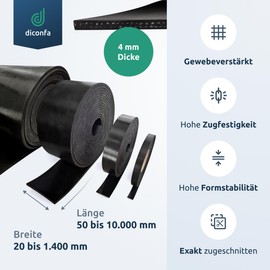 diconfa Rubber Mat Rubber Strips with Fabric Insert, 4 mm Thick, 20 to 1400 mm Wide, 0.05 to 10 m Long, Selection 500 x 250 mm x 4 mm, Two Inserts, Fabric Reinforced Rubber Plate, SBR Solid Rubber