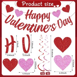 Valentines Day Decorations - Happy Valentines Day Banner with 12Pcs Love Heart Hanging Swirls for Home Wedding Party Supplies