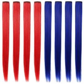 IAMERUI Multicolor Hair Extensions Party Highlights Straight Clip In / On Colored Hair Strands Synthetic Hairpieces 8 Pieces (Blue Red)