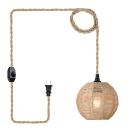 ALAISLYC 15ft Plug in Pendant Light with Cord Dimmable Switch Rattan Hanging Lamp with Hand Woven Wicker Plug in Chandelier Boho Hanging Lights Fixture for Bedroom Kitchen Hallway Foyer