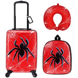 Sanwuta Luggage Sets, 4 Pack, 16 Inch Carry on Rolling Suitcase Backpack Neck Pillow Travel Set Gift for Kids Boys Girls(Spider)