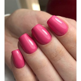 Morily Hot Pink Press on Nails Short, Square Shaped Gloosy Fake Stick on Nails for Women in 16 Sizes, 32 Pcs Reusable Full Cover Artificial False Fingernails