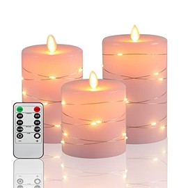 Pink Flameless Candles with String Lights Battery Operated Flickering LED Pillar Candles 4‘’ 5‘’ 6‘’ Candle with Remote Control, Set of 3