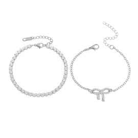 Gold Ankle Bracelets for Women 14k Gold Plated Bow Ankle Bracelets Dainty CZ Tennis Chain Anklets Cute Rhinestone Layered Bow Knot Anklet Set Fashion Summer Foot Jewelry for Women (Silver)