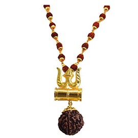 BRO Mart Gold-Plated Brass, Wood Lord Shiv Trishul Damru Locket with Panchmukhi Rudraksha Mala for Men and Women