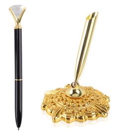 Jevou Hollow Round Pen Holder Signing Pen Set with Big Crystal Diamond Pen for Wedding Bridal Engagement Party Favors, Golden Holder with Black Pen
