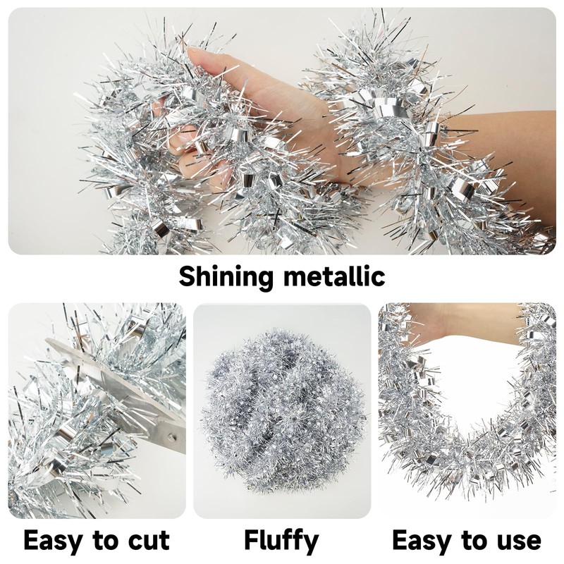KINGLAKE Christmas Tinsel Garland, 10M x 9CM Silver Xmas Shiny
