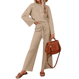 ZESICA Women's 2 Piece Outfits Set 2025 Casual Long Sleeve Knit Pullover Top and Wide Leg Pants Sweatsuit Lounge Sets Sand Medium