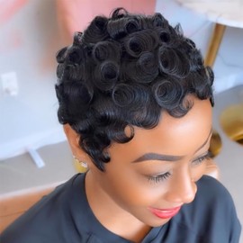 SeFiSha Short Layered Pixie Cut Wig Human Hair Wear and Go Glueless Curly Human Hair Wigs With Bangs for Women Full Machine Made None Lace Front Wigs Human Hair Natural Black Color