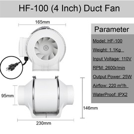 Wroskay 4 Inch Inline Duct Fan, 280 CFM Quiet Ventilation Exhaust Fan with Durable Copper Motor, High Efficiency Air Booster for Bathroom, Kitchen, Grow Tent, Hydroponics, 3D Printer