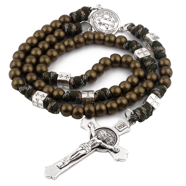 HanlinCC Saint Benedict Paracord Rosary Necklace Large and Heavy Metal