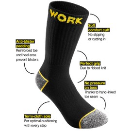 BRUBAKER 10 Pairs of Men's Work Socks - WORK Socks for Optimum Grip at the Workplace - Robust Functional Socks Made of Cotton - Reinforced Heel and Toe Area - Black Grey Yellow - US Size 9-11.5