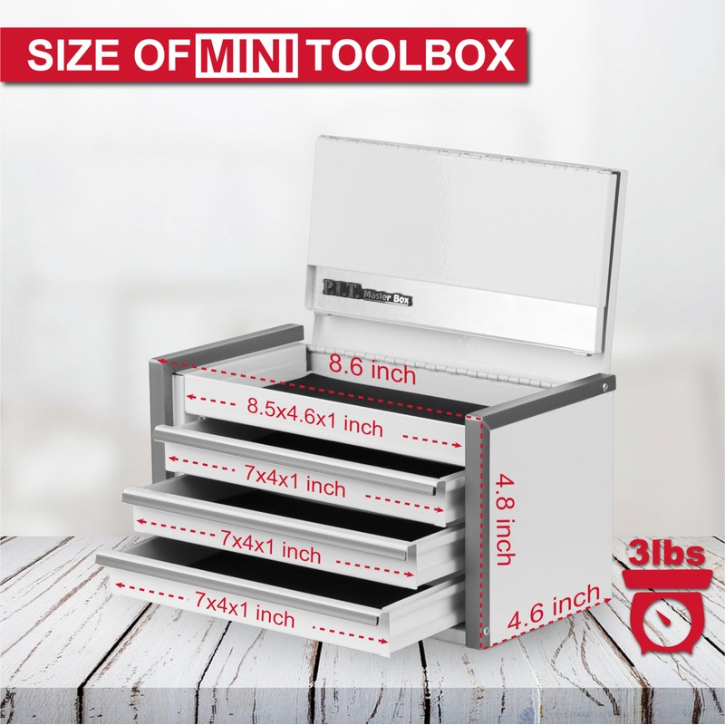 P.I.T. Mini White Tool Box, Portable 3 Drawer Steel Stackable