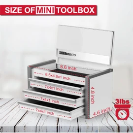 P.I.T. Mini White Tool Box, Portable 3 Drawer Steel Stackable Tool Box with Magnetic Tab Locking, White Micro Top Chest with Liner for Tools Storage and Organizers, Home DIY