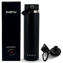 Auryu 24oz Triple Wall Insulated Stainless Steel Water Bottle – Leak Proof Sports Thermos with Bonus Spout Lid – Wide Mouth, BPA-Free, Hot & Cold, Travel Gym Hiking Flask – Black