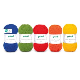Gründl Wool Lisa Premium Plain 5 x 50 g Mix - Knitting Yarn - Crochet Yarn - 100% Polyacrylic - Super Soft and Easy Care - Blue/Green/Red/Orange/Yellow