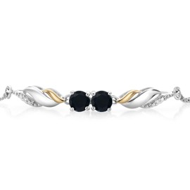 Gem Stone King 925 Silver and 10K Yellow Gold Black Onyx and White Lab Grown Diamond Tennis Bracelet For Women (0.97 Ct Round 5MM, Gemstone Birthstone, Fully Adjustable Up to 9 Inch)