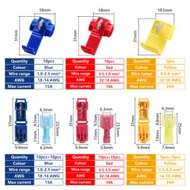 YIXISI 75 Piece Junction Connector Set, T-Tap Electrical Connectors, Power Thieves Branch Connector, Nylon Fully Insulated Flat Connector Set, Red, Blue, Yellow