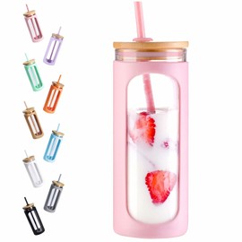 Kodrine 20oz Glass Water Tumbler with Straw and Lid, Bamboo Lids Water Bottle, Iced Coffee Cup Reusable, Wide Mouth Smoothie Cups with Protective Silicone Sleeve BPA FREE-Pink