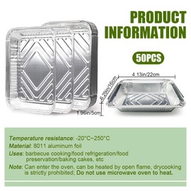 50Pcs Foil Tray Aluminium Foil Baking Trays Foil Take Out Pans, 22x16x5cm Disposable Foil Food Containers for Roasting, Baking, Cooking (Silver)
